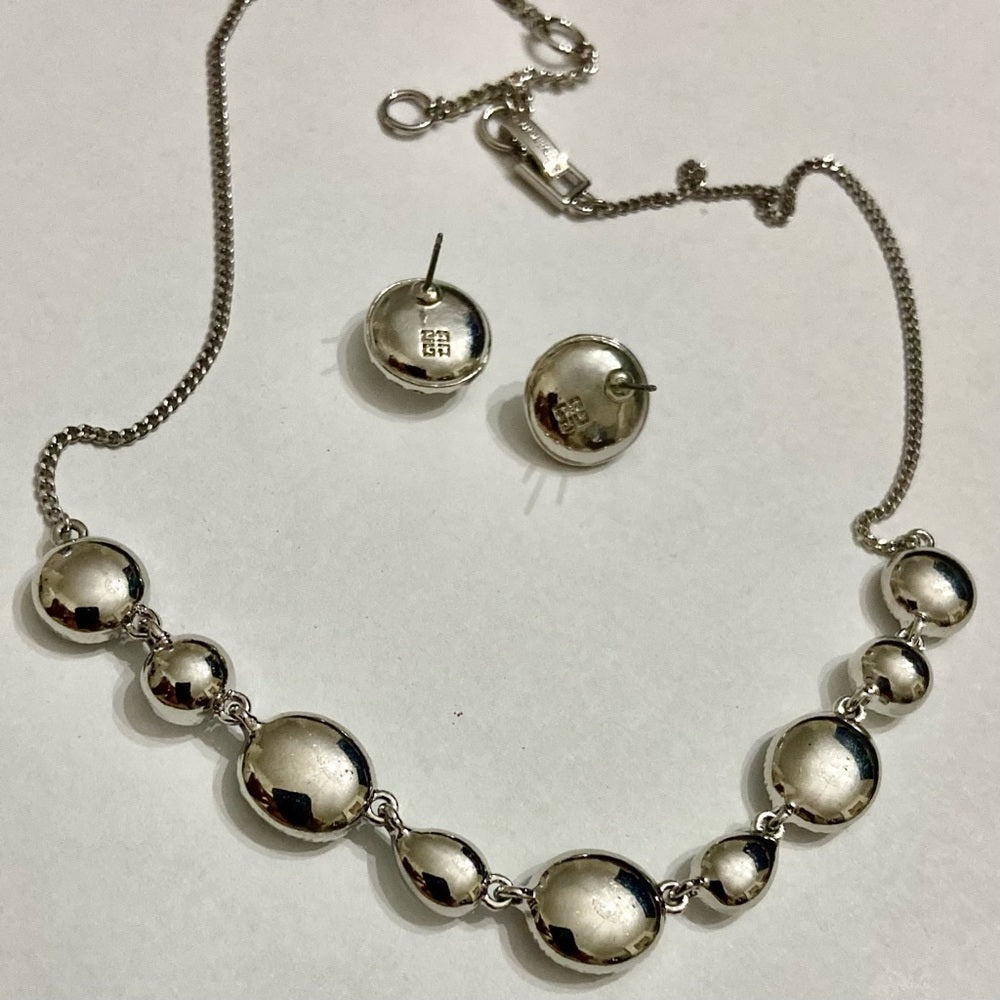 Vintage Givenchy Silver Tone Necklace- Chunky Round Crystals Necklace and Earr…
