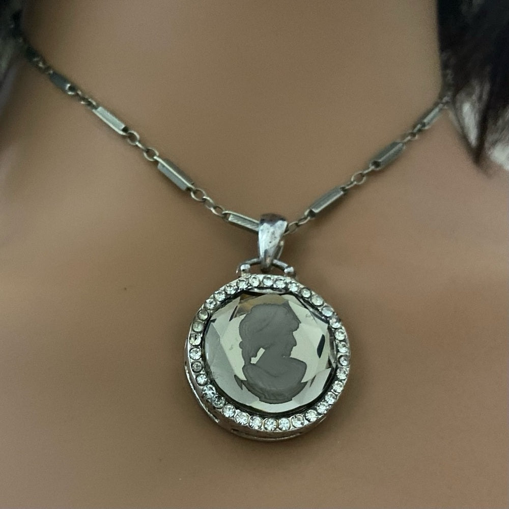 Antique Silver- Glass Intaglio Cameo of a Lady 16-inch Necklace