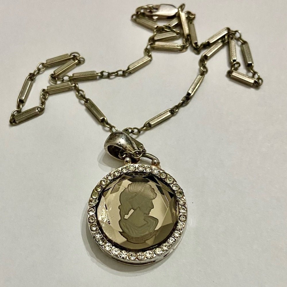 Antique Silver- Glass Intaglio Cameo of a Lady 16-inch Necklace