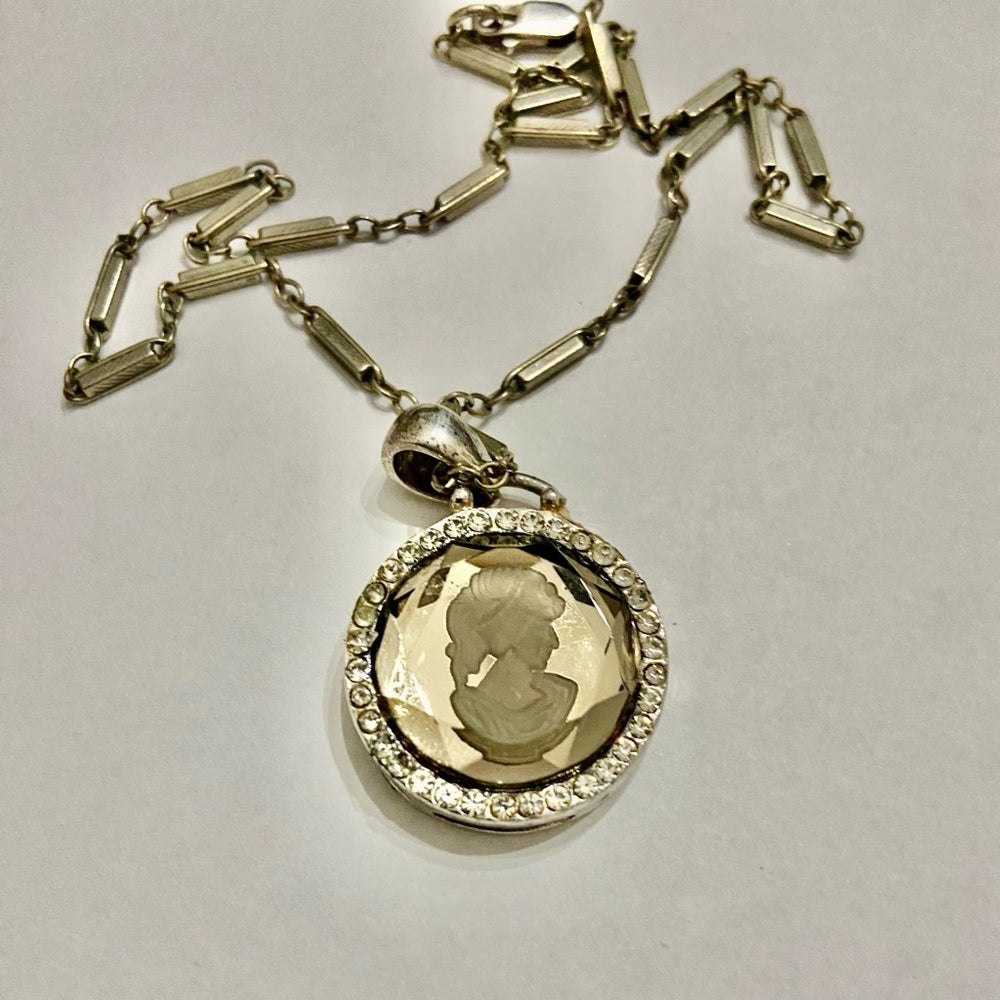 Antique Silver- Glass Intaglio Cameo of a Lady 16-inch Necklace