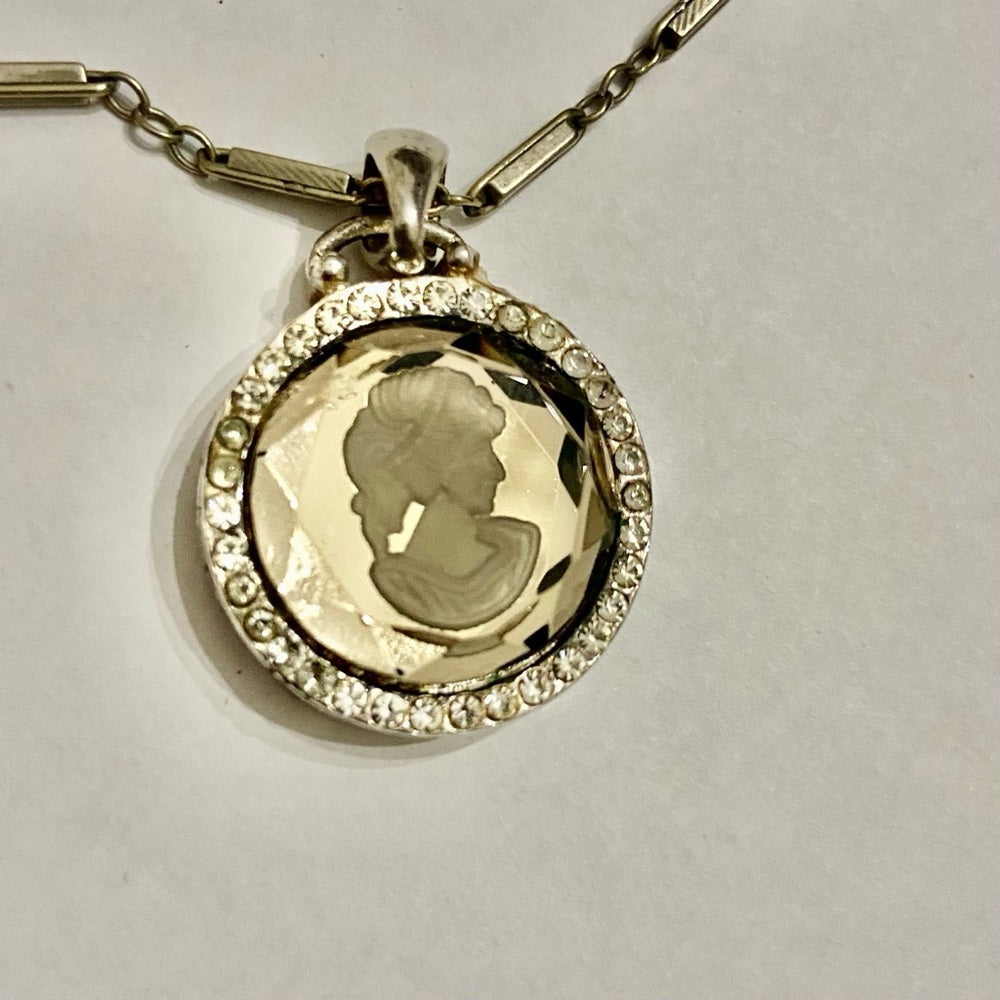 Antique Silver- Glass Intaglio Cameo of a Lady 16-inch Necklace
