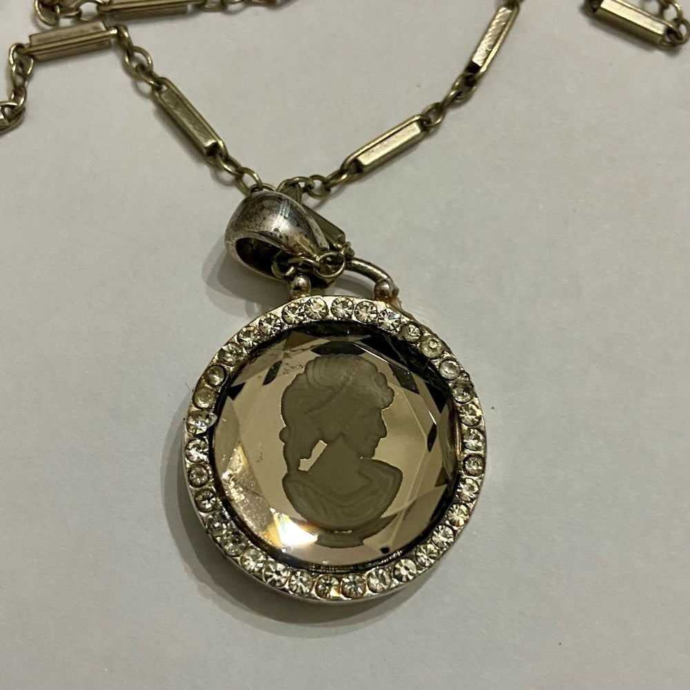 Antique Silver- Glass Intaglio Cameo of a Lady 16-inch Necklace