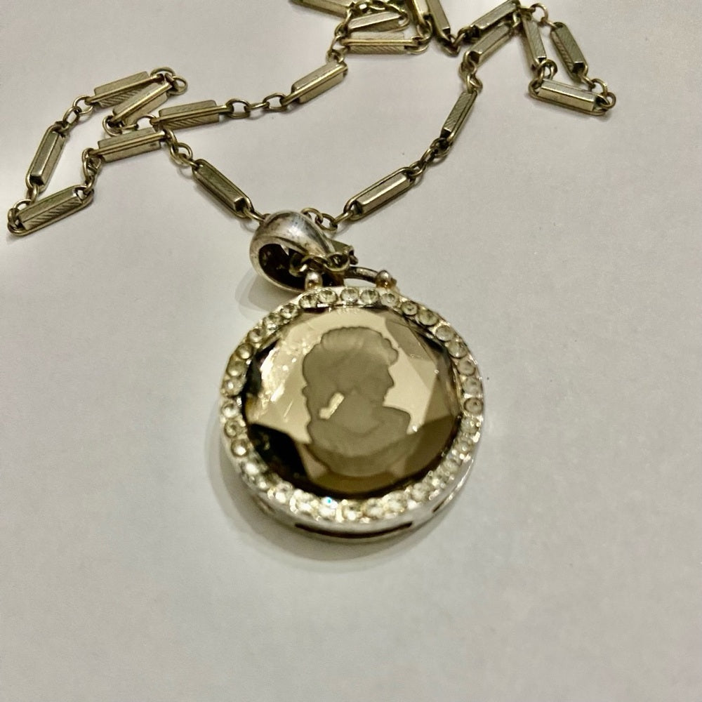 Antique Silver- Glass Intaglio Cameo of a Lady 16-inch Necklace