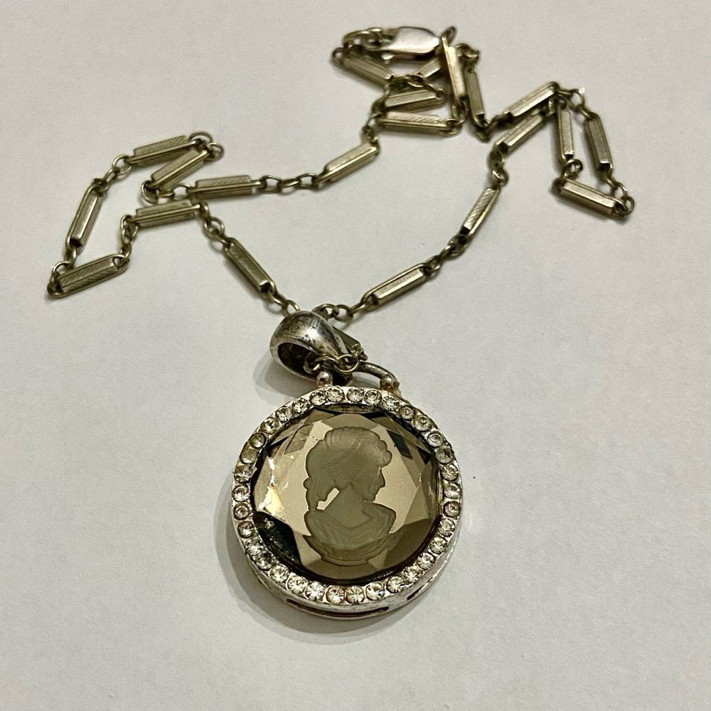 Antique Silver- Glass Intaglio Cameo of a Lady 16-inch Necklace