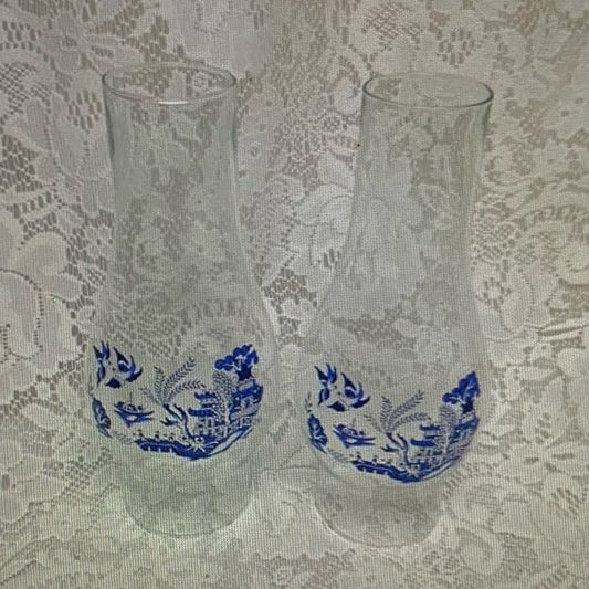 Pair of Blue Willow Glass Chimney 9in, 2.75in Fitter