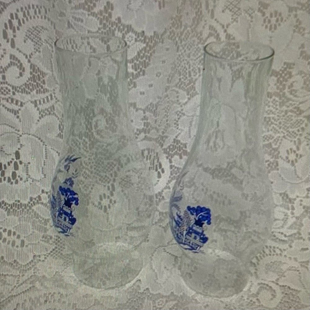 Pair of Blue Willow Glass Chimney 9in, 2.75in Fitter