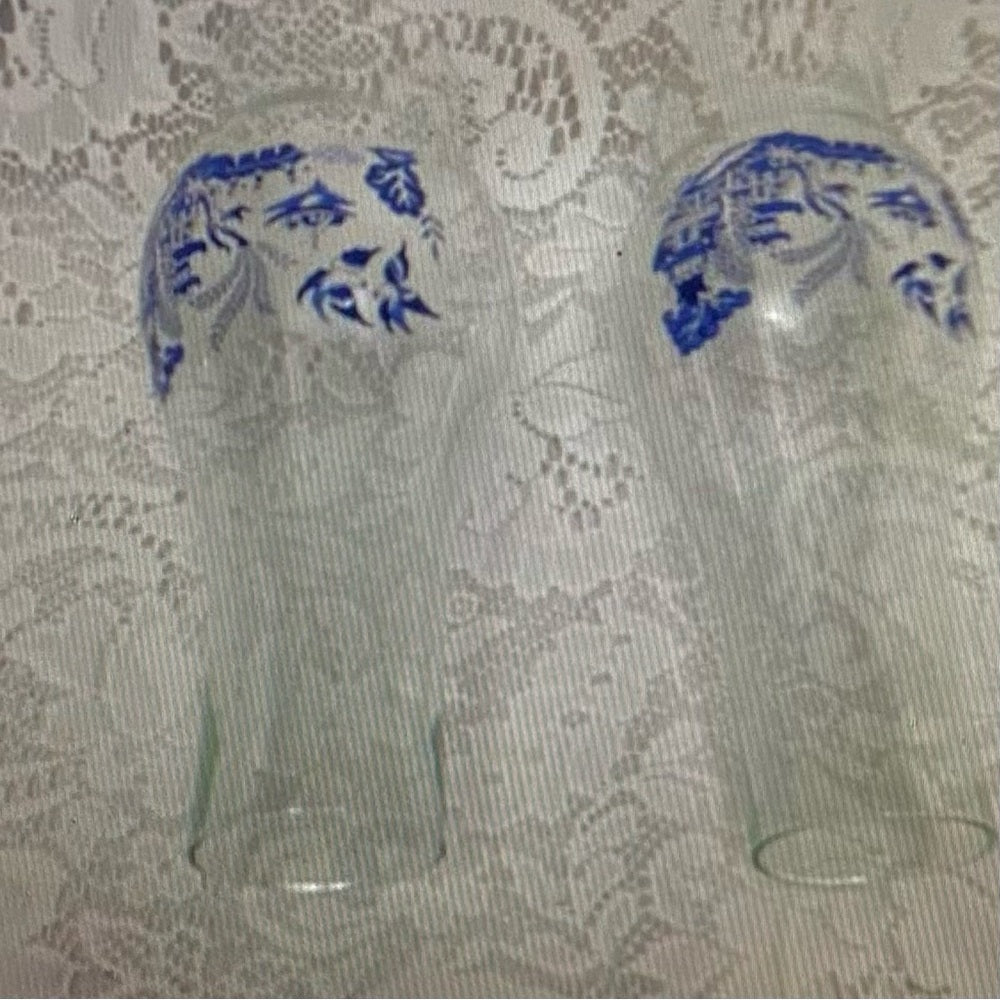 Pair of Blue Willow Glass Chimney 9in, 2.75in Fitter