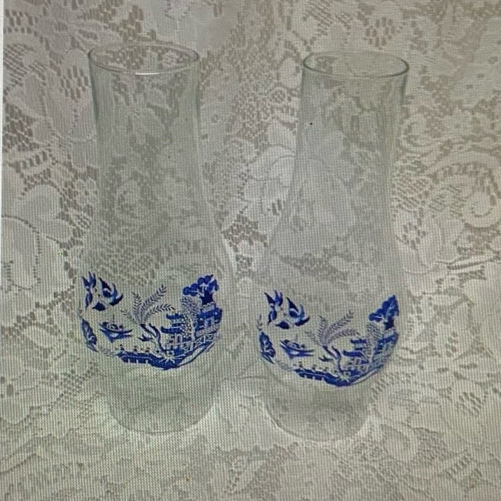 Pair of Blue Willow Glass Chimney 9in, 2.75in Fitter