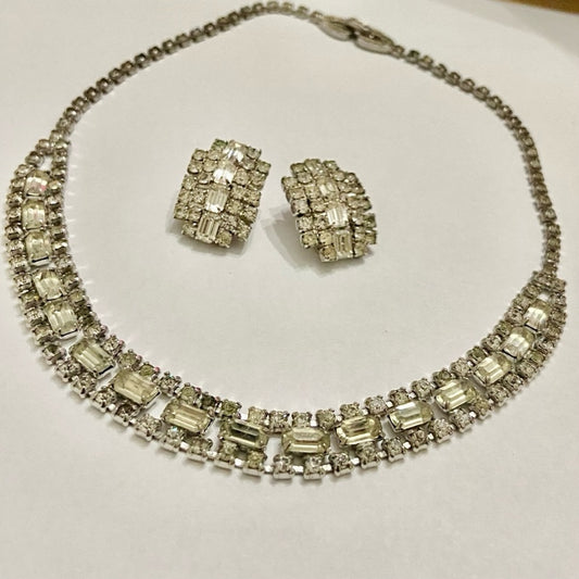 Vintage Kramer Silver Tone Clear Crystals Necklace and Earrings Set