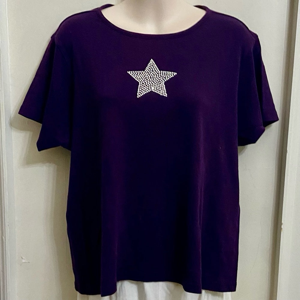 Charter Club Purple with Star Short Sleeves T-shirt Blouse (L)