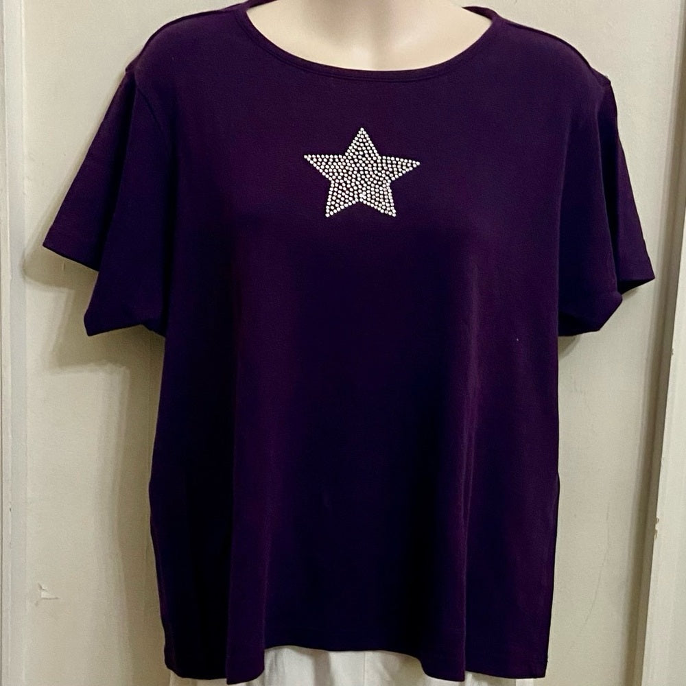 Charter Club Purple with Star Short Sleeves T-shirt Blouse (L)
