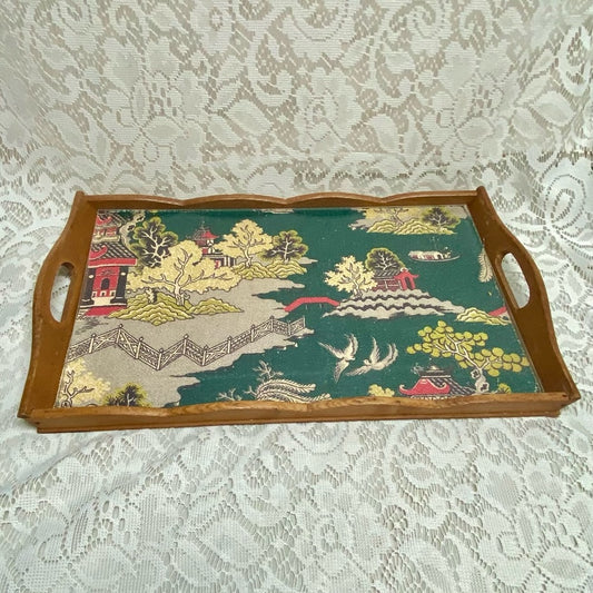 Vintage Polychrome Blue Willow Serving Wooden Tray- 16in x 10in x 2in