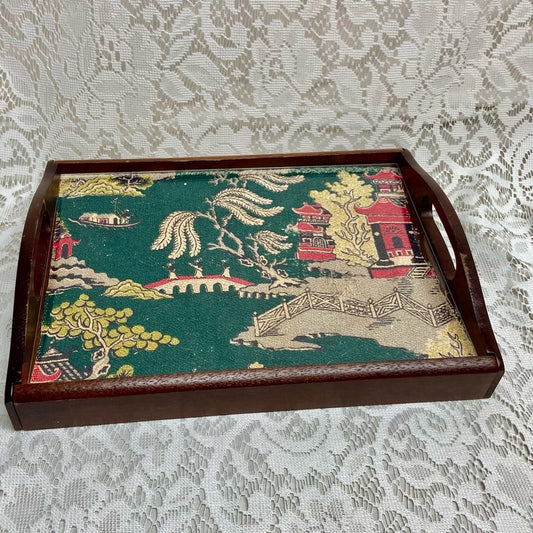 Vintage Polychrome Blue Willow Serving Wooden Tray- 12in x 9.5in x 3.5in