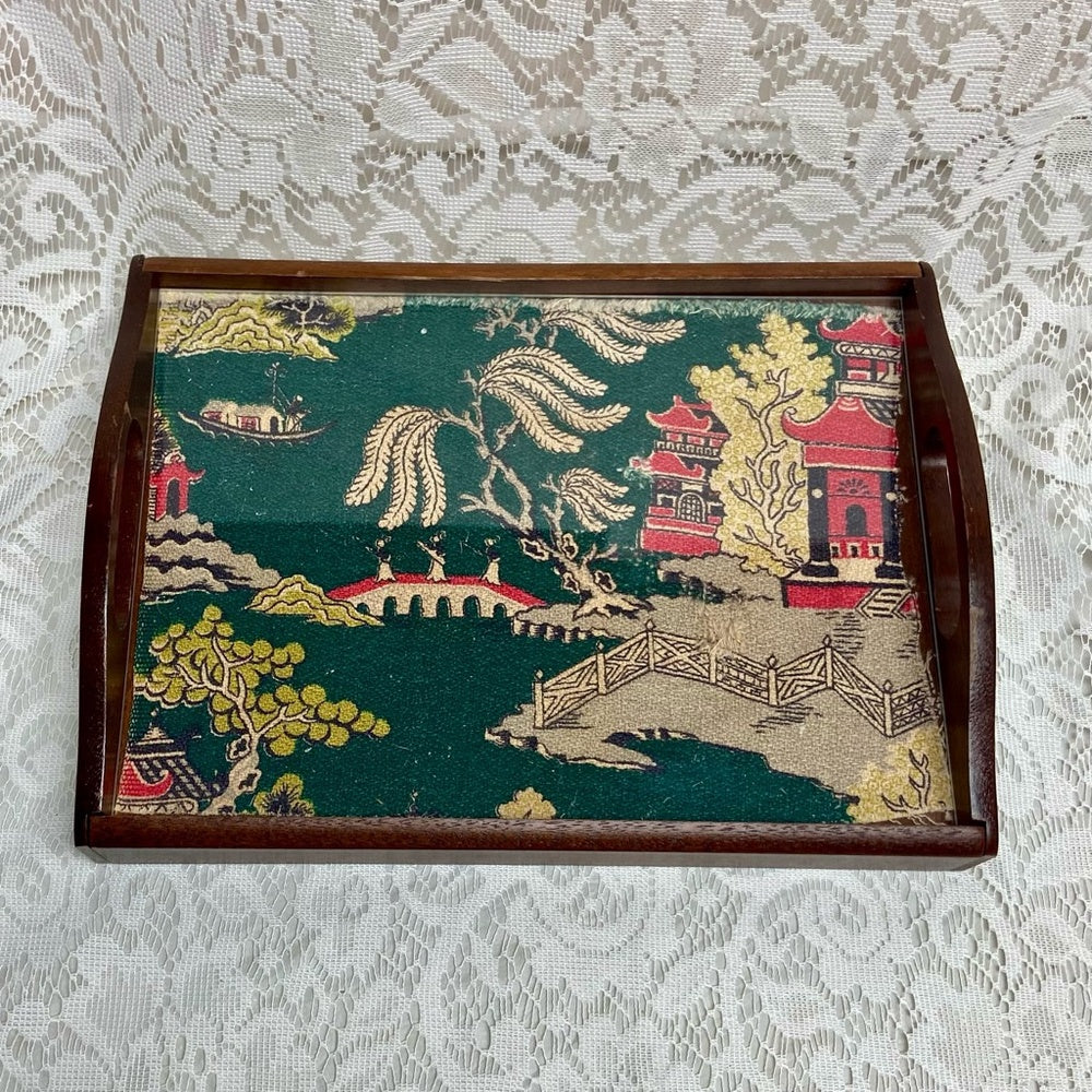Vintage Polychrome Blue Willow Serving Wooden Tray- 12in x 9.5in x 3.5in