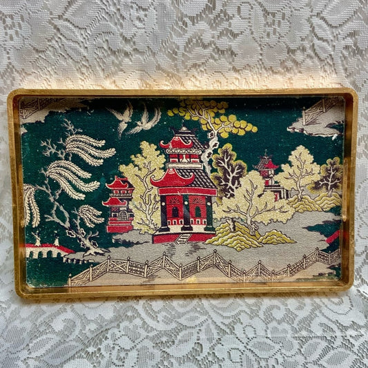 Vintage Polychrome Blue Willow GoldServing Wooden Tray- 12in x 9.5in x 3.5in