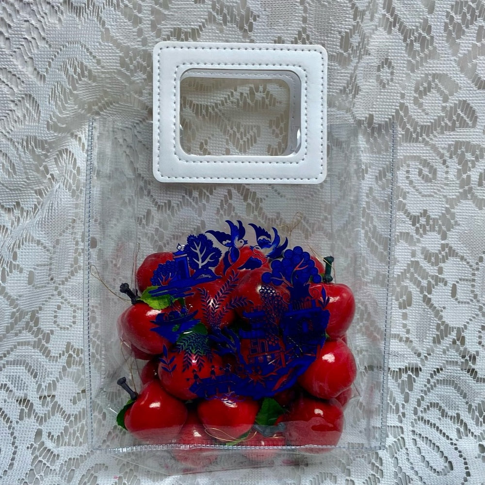Blue Willow, Small Clear Plastic Tote or Gift Bag 10in x 7in x 4in  (A)