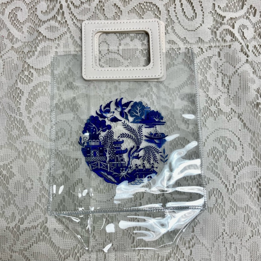 Blue Willow, Small Clear Plastic Tote or Gift Bag 10in x 7in x 4in  (A)