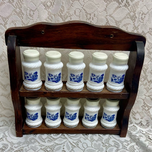 Vintage, 10-pc Blue Willow Milk Glass Shaker Set with Wooden Rack. (2T0625)  Thi