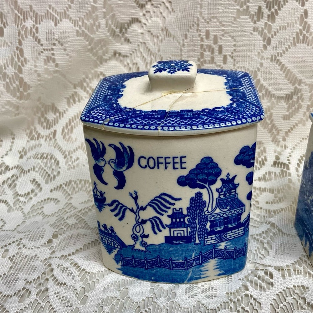 Vintage, Rare, Set of 2  Blue Willow Tea and Coffee Canister Set  5.5in T and 4.