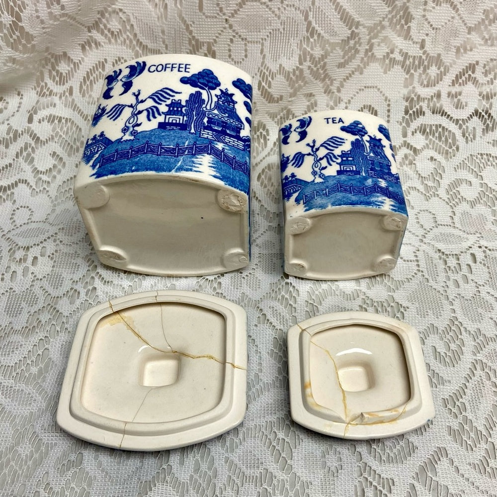Vintage, Rare, Set of 2  Blue Willow Tea and Coffee Canister Set  5.5in T and 4.