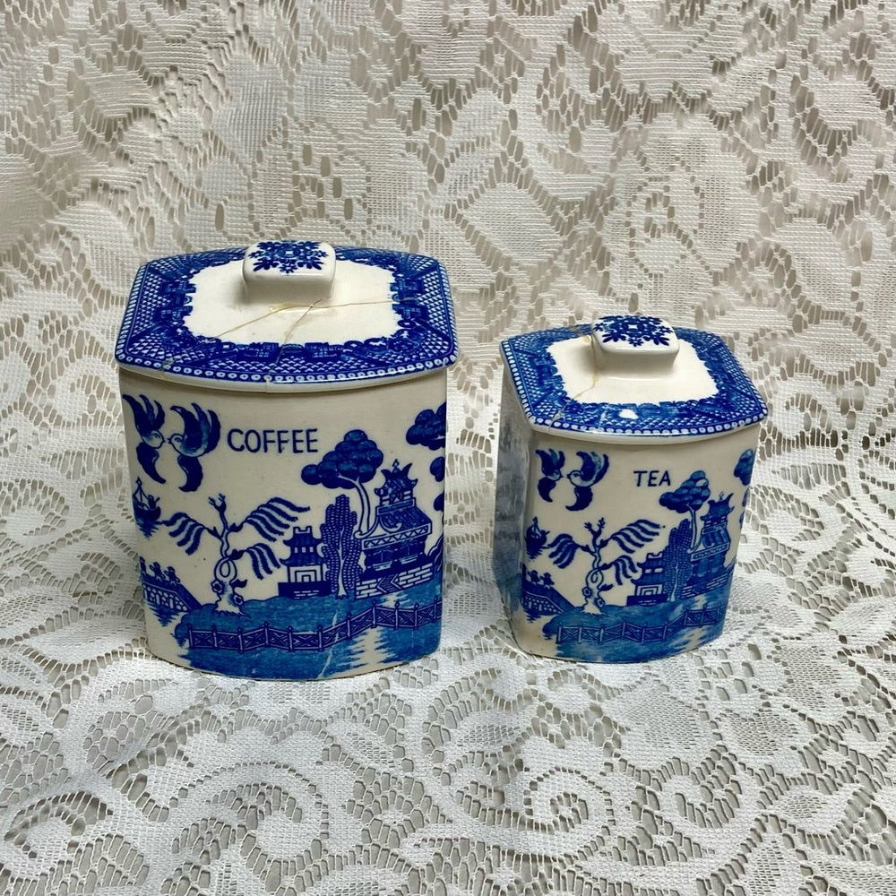 Vintage, Rare, Set of 2  Blue Willow Tea and Coffee Canister Set  5.5in T and 4.