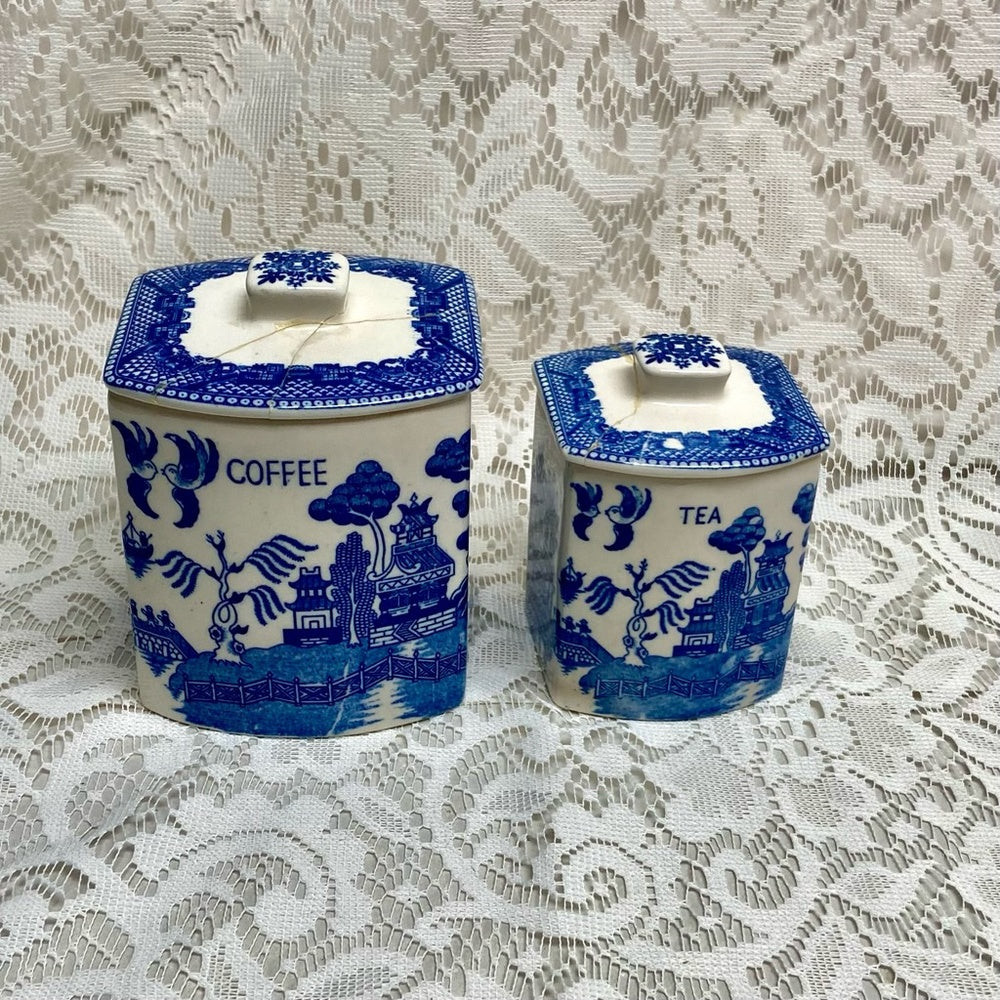 Vintage, Rare, Set of 2  Blue Willow Tea and Coffee Canister Set  5.5in T and 4.