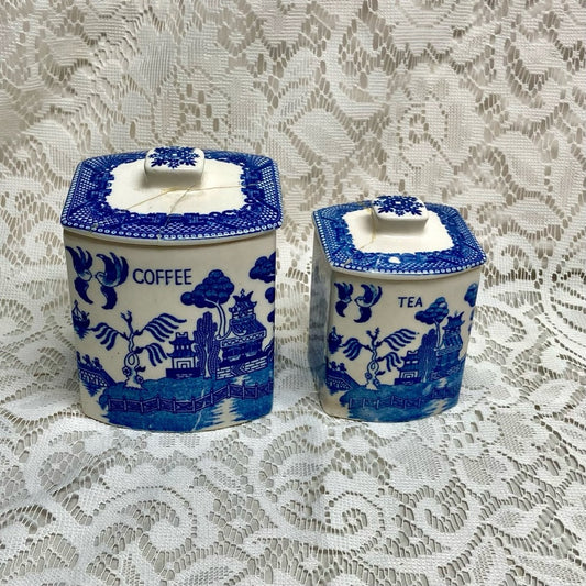 Vintage, Rare, Set of 2  Blue Willow Tea and Coffee Canister Set  5.5in T and 4.