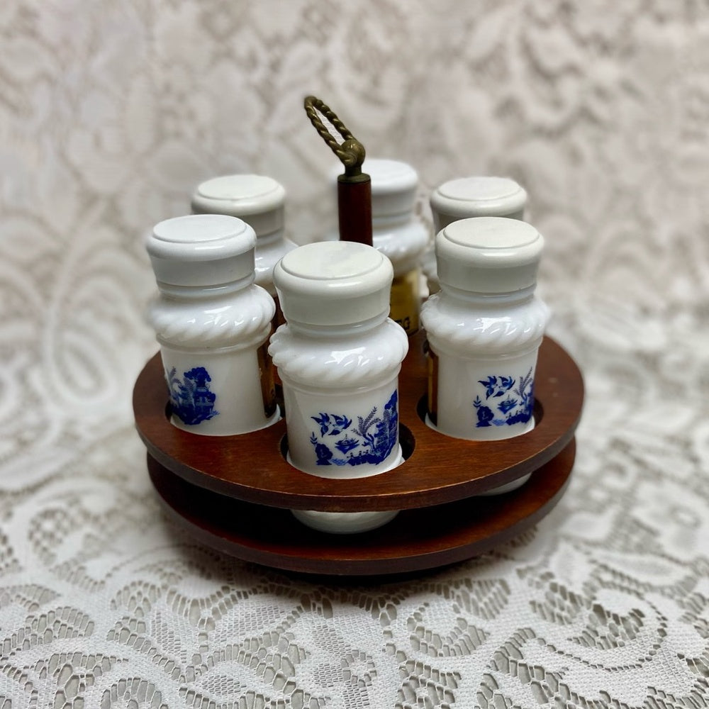 Vintage, 6-pc Blue Willow Milk Glass Shaker Set with Wooden Stand