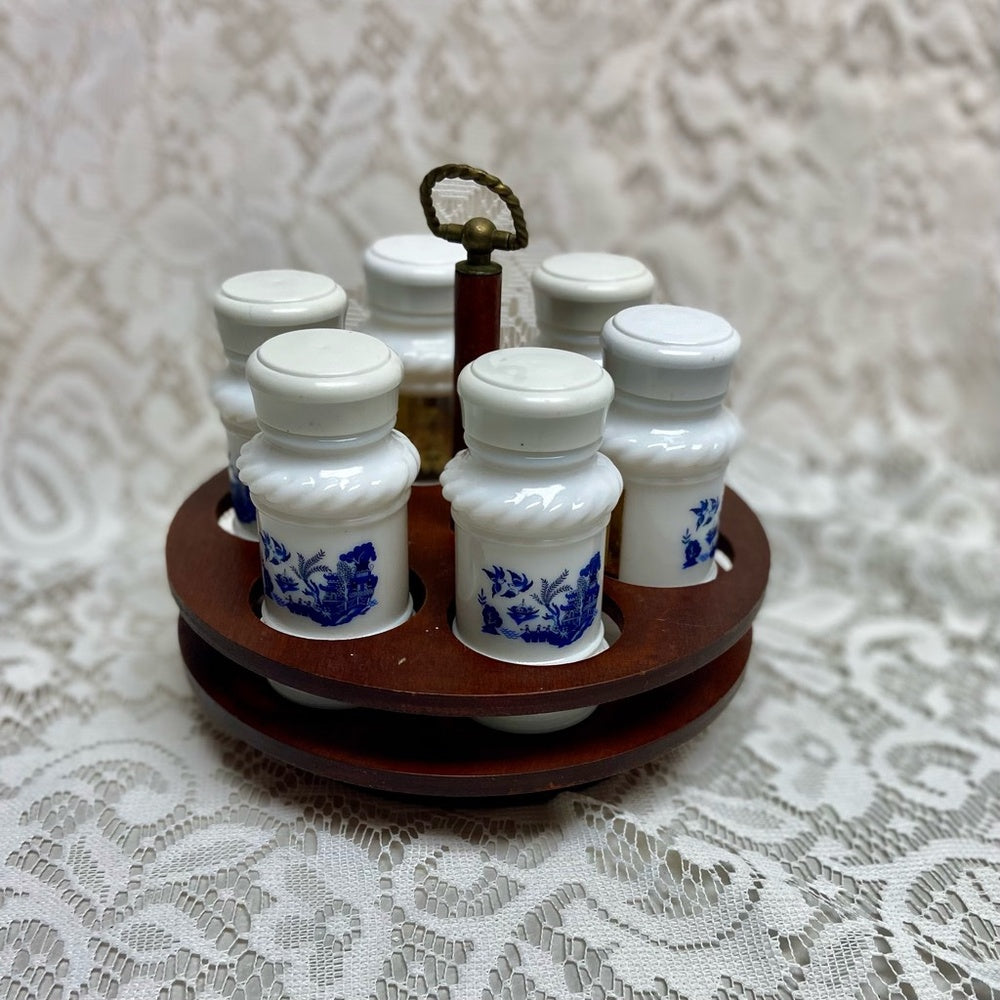 Vintage, 6-pc Blue Willow Milk Glass Shaker Set with Wooden Stand