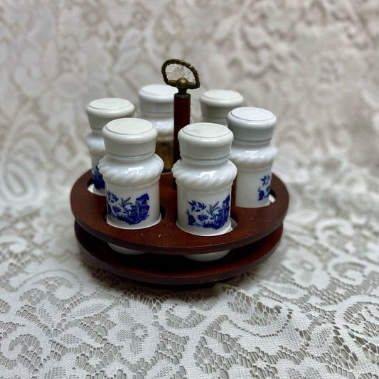 Vintage, 6-pc Blue Willow Milk Glass Shaker Set with Wooden Stand