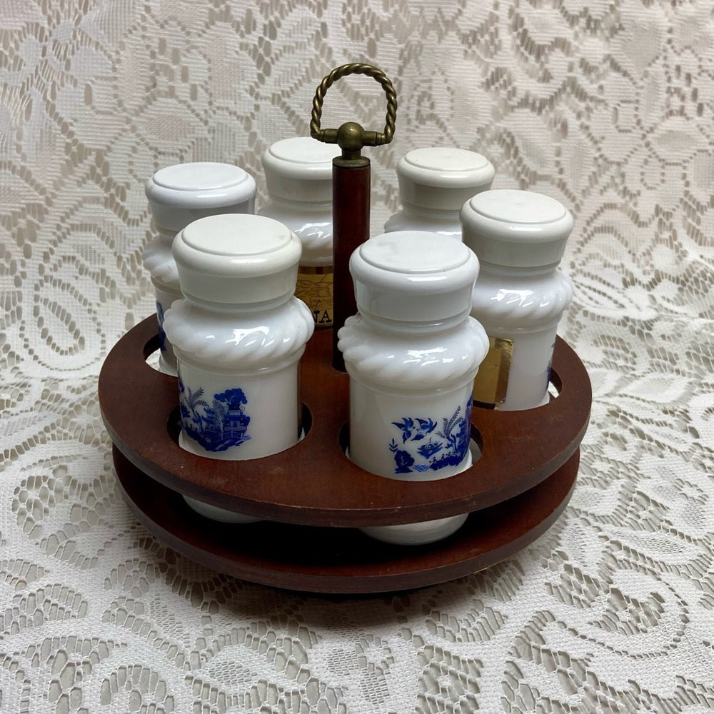 Vintage, 6-pc Blue Willow Milk Glass Shaker Set with Wooden Stand