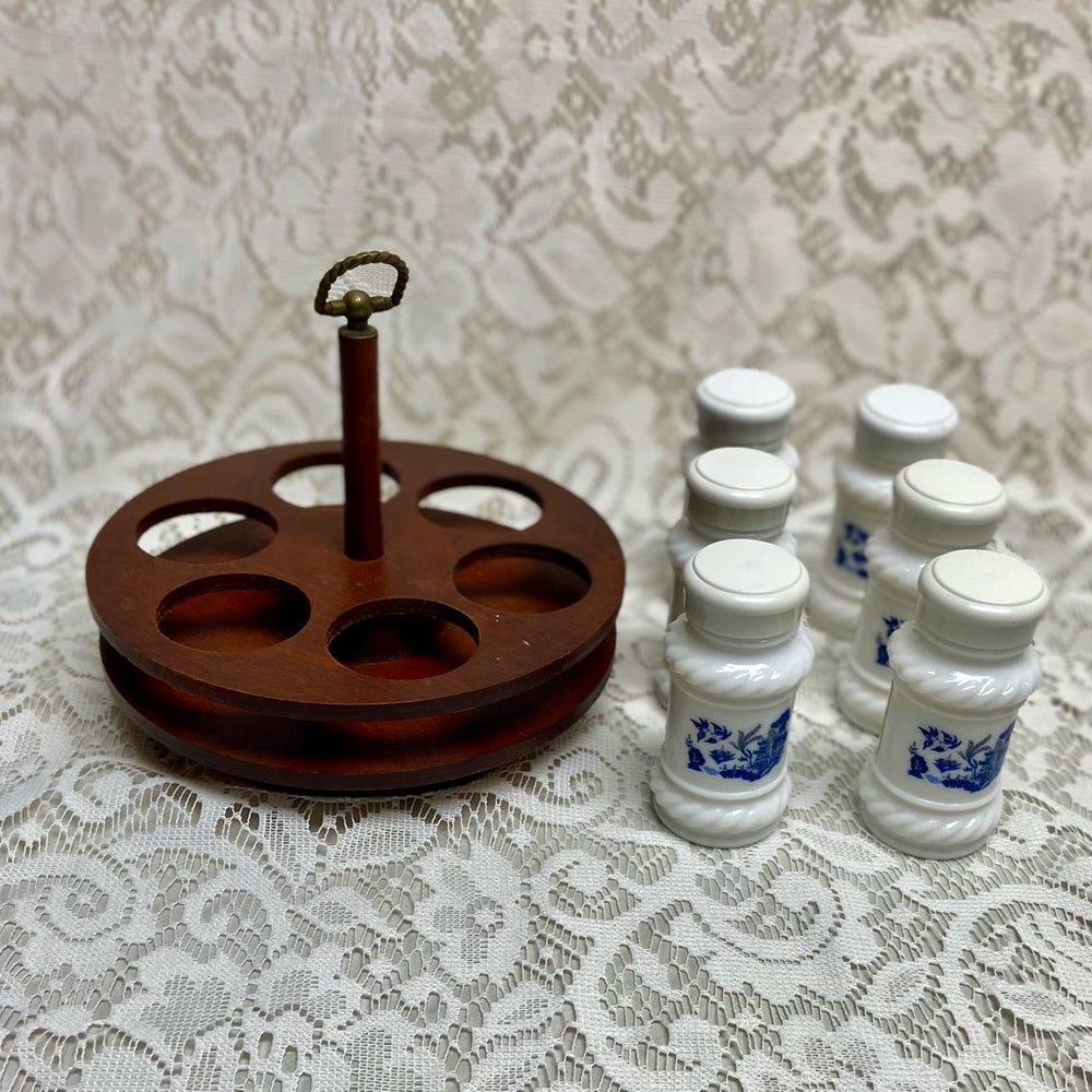 Vintage, 6-pc Blue Willow Milk Glass Shaker Set with Wooden Stand