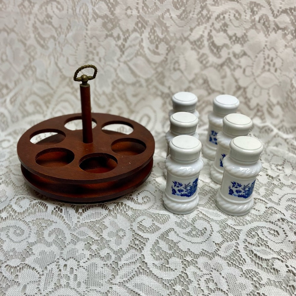 Vintage, 6-pc Blue Willow Milk Glass Shaker Set with Wooden Stand