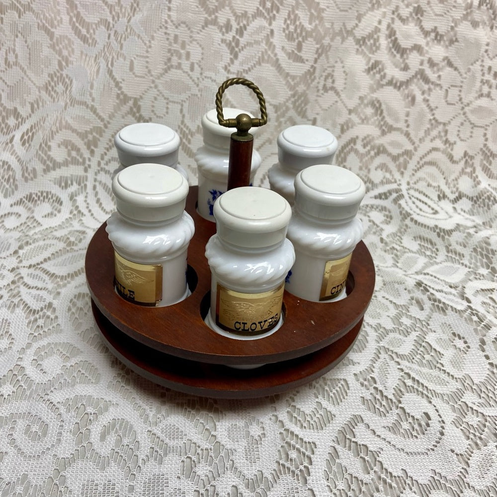Vintage, 6-pc Blue Willow Milk Glass Shaker Set with Wooden Stand