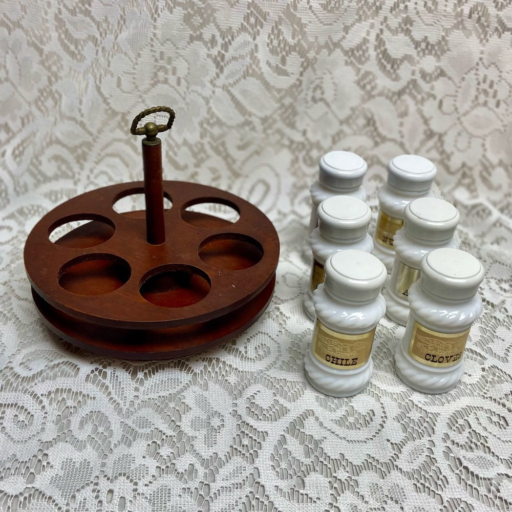 Vintage, 6-pc Blue Willow Milk Glass Shaker Set with Wooden Stand