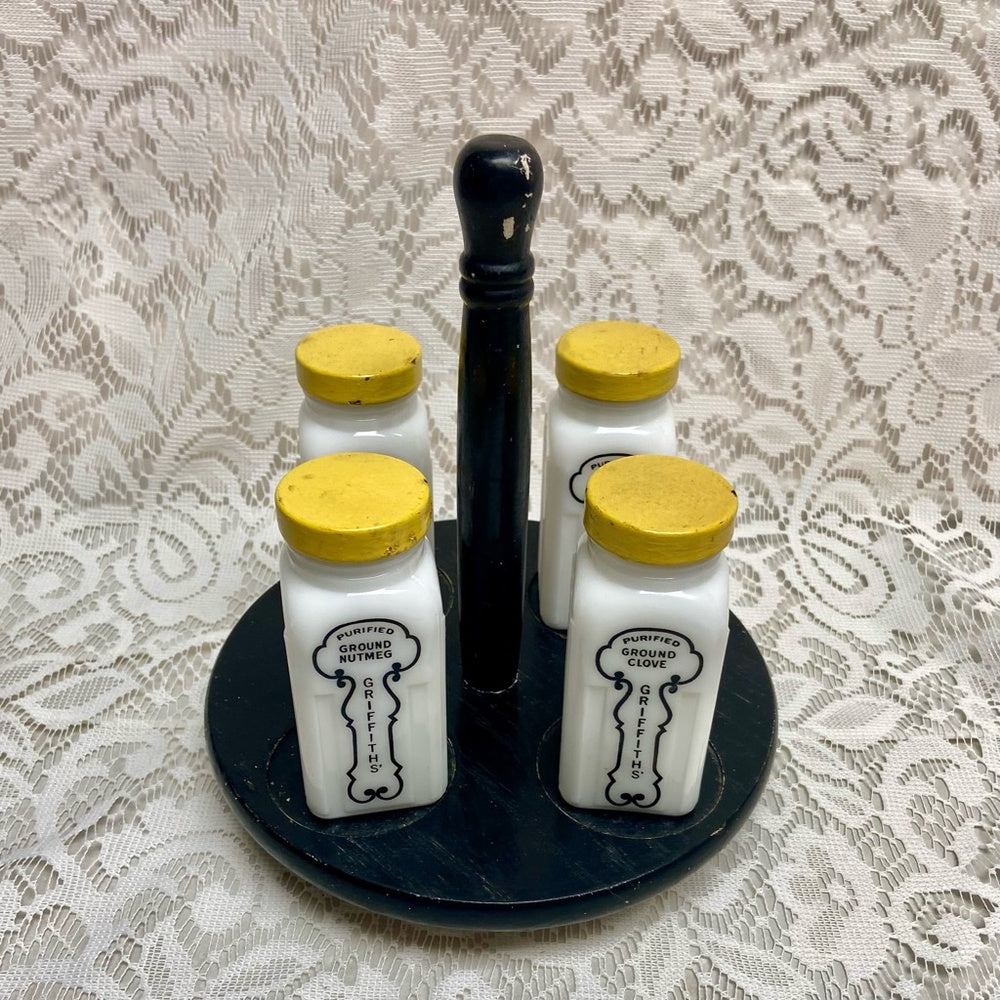 Vintage, 4-pc Blue Willow Griffiths Milk Glass Shaker Set with Wooden Stand