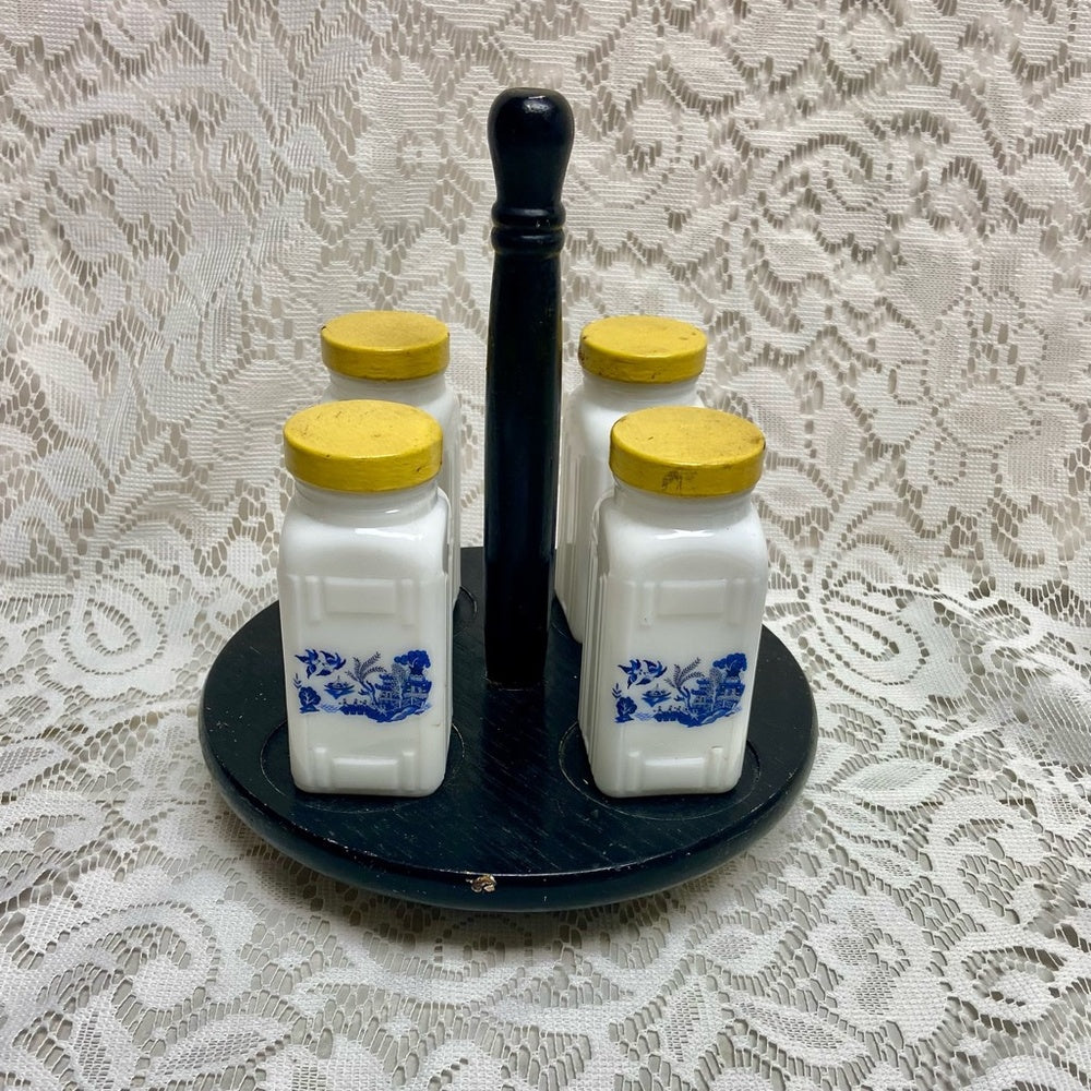 Vintage, 4-pc Blue Willow Griffiths Milk Glass Shaker Set with Wooden Stand
