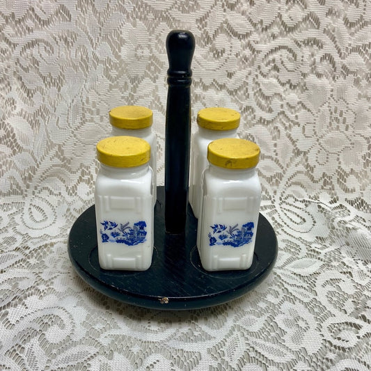Vintage, 4-pc Blue Willow Griffiths Milk Glass Shaker Set with Wooden Stand
