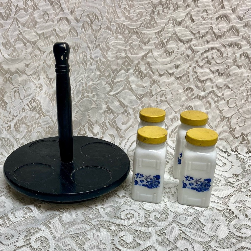 Vintage, 4-pc Blue Willow Griffiths Milk Glass Shaker Set with Wooden Stand