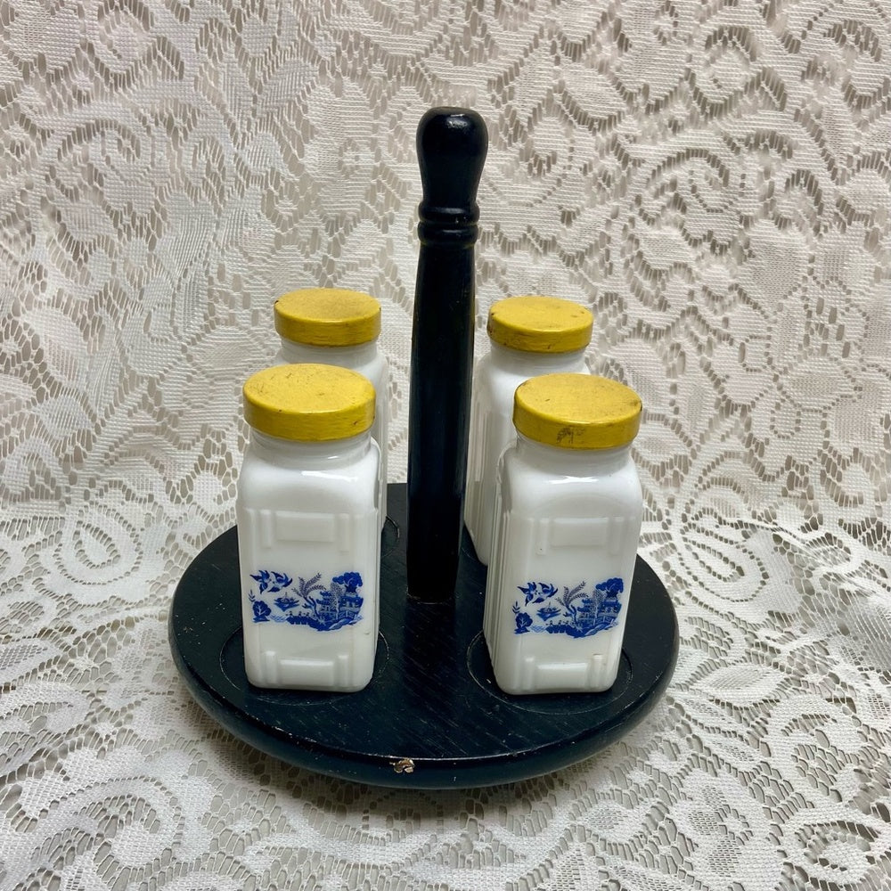 Vintage, 4-pc Blue Willow Griffiths Milk Glass Shaker Set with Wooden Stand