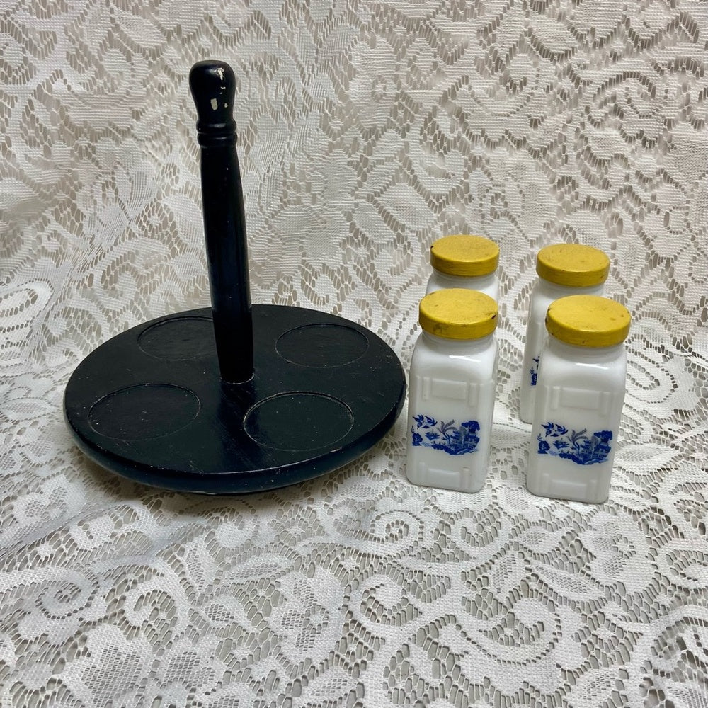Vintage, 4-pc Blue Willow Griffiths Milk Glass Shaker Set with Wooden Stand