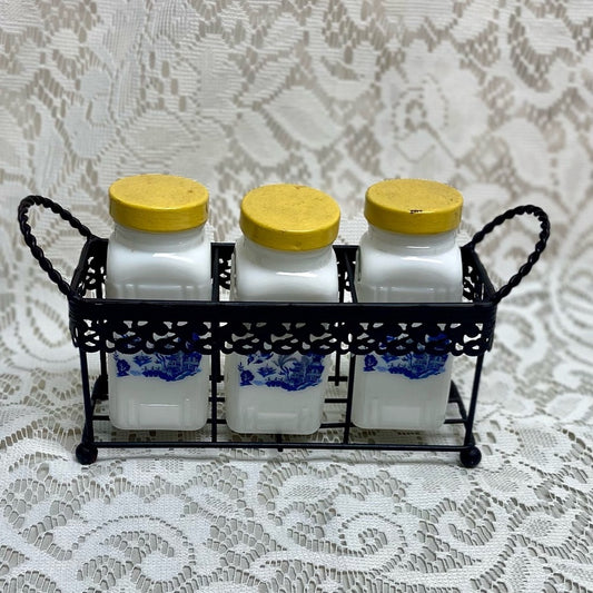 Vintage, 3-pc Blue Willow, Griffiths Glass Shaker Set with Black Metal Stand
