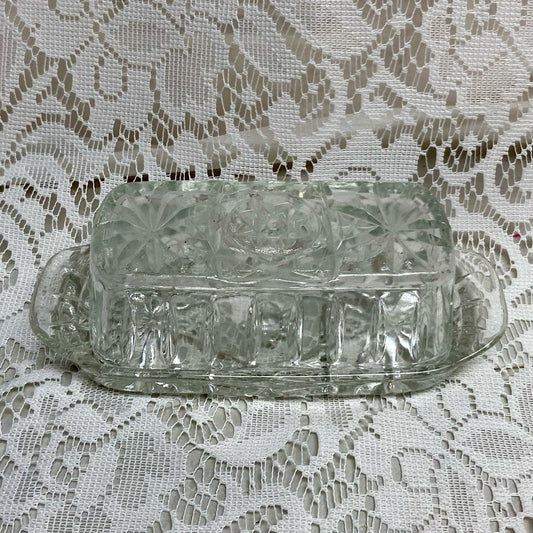 Vintage Pressed Glass Covered Butter Dish  7.5in L x 3.5in W x 2in H.