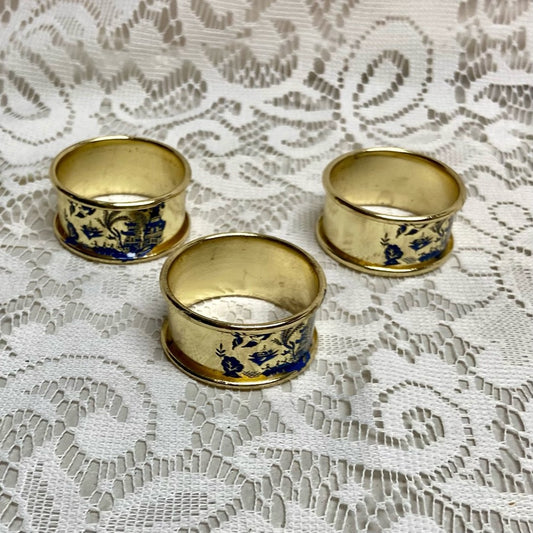 Vintage, 3-pc Blue Willow, Gold Plated Napkin Ring Set