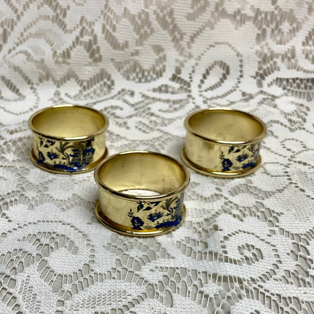 Vintage, 3-pc Blue Willow, Gold Plated Napkin Ring Set