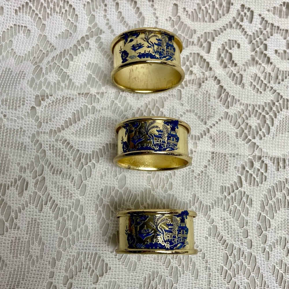 Vintage, 3-pc Blue Willow, Gold Plated Napkin Ring Set