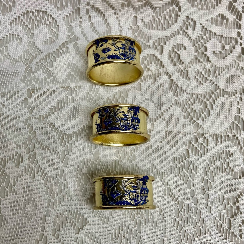 Vintage, 3-pc Blue Willow, Gold Plated Napkin Ring Set