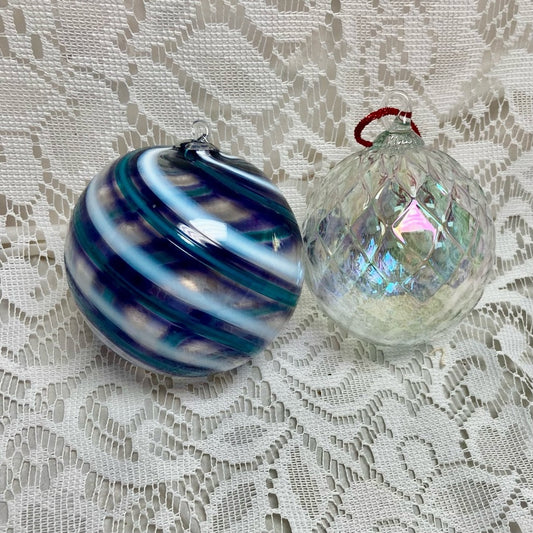 Vintage, 2pc  Blown Swirled Blue and Iridescent  Glass Christmas Ornaments