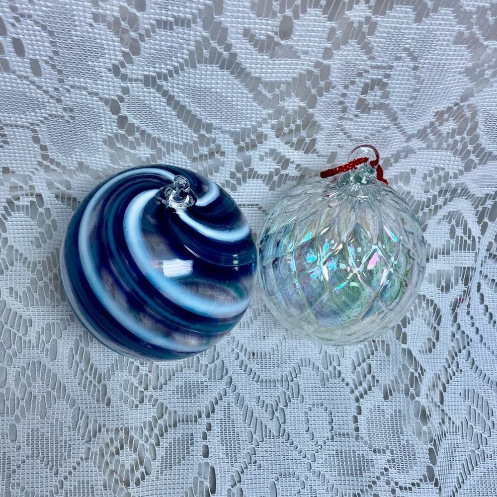 Vintage, 2pc  Blown Swirled Blue and Iridescent  Glass Christmas Ornaments