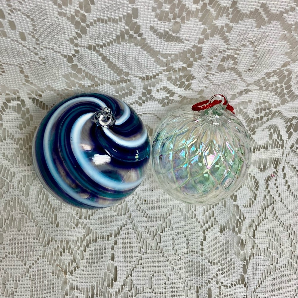 Vintage, 2pc  Blown Swirled Blue and Iridescent  Glass Christmas Ornaments
